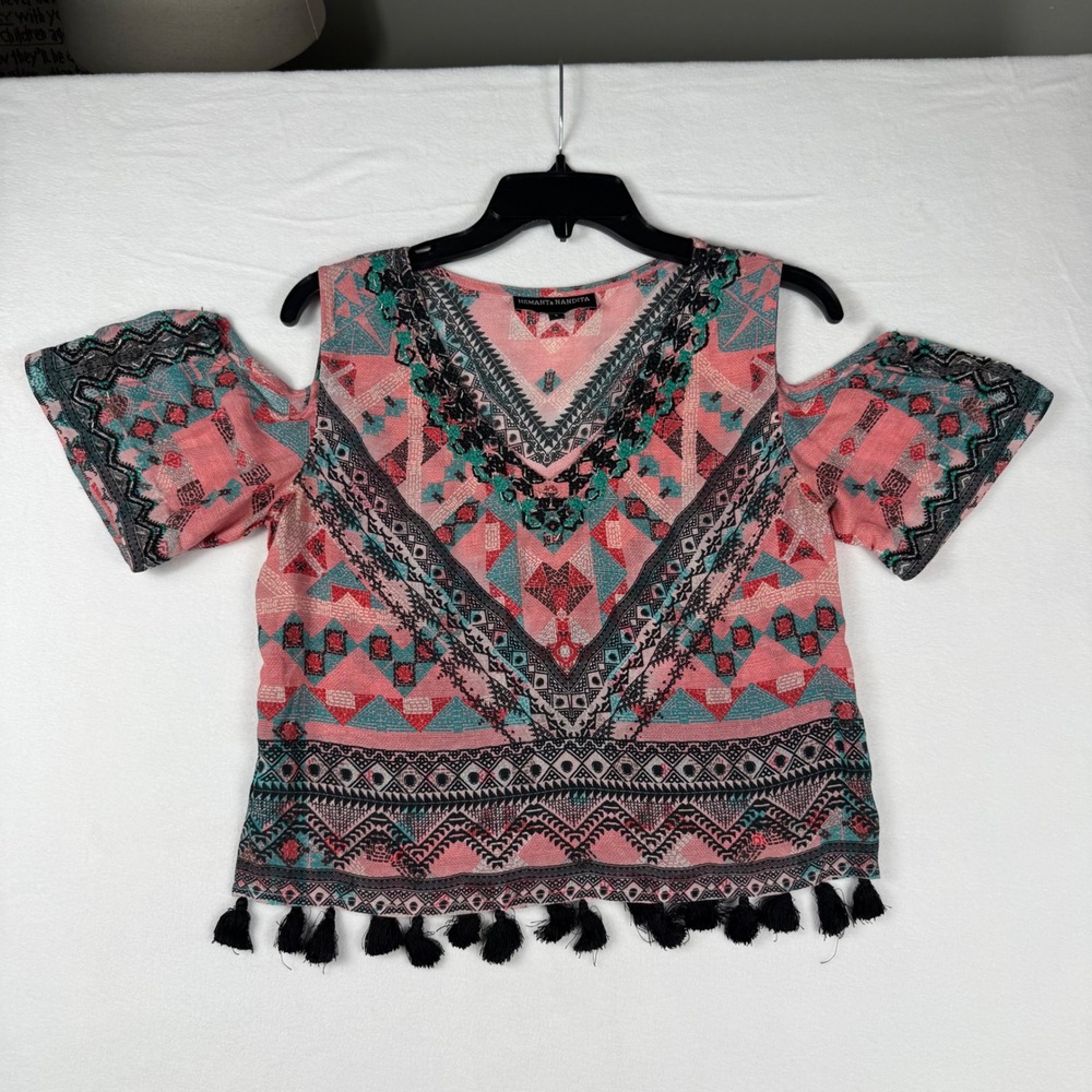 Hemant‎ & Nandita Silk Cold Shoulder Top S Pink Boho Tribal Beaded Tassel Blouse